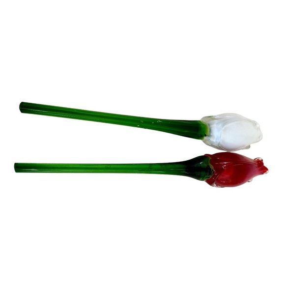 Set of 2 Vintage 8" Hand Blown Glass Rose Buds Red White Studio Art - Picture 3 of 6